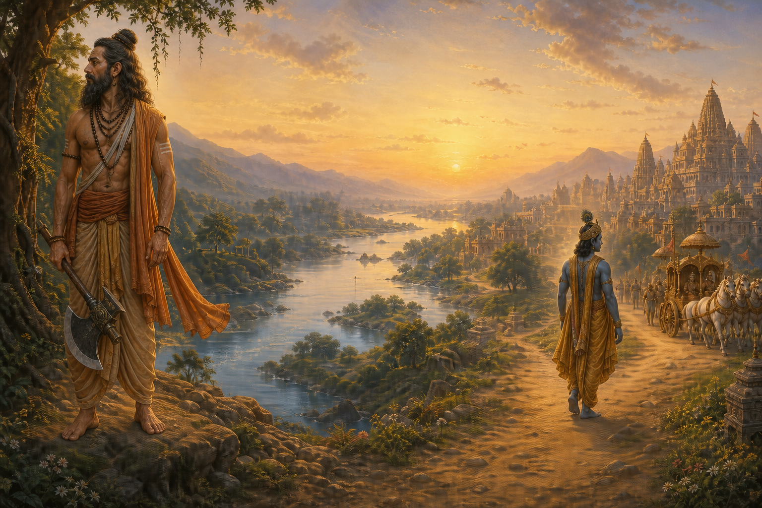 Parashurama with an axe and Krishna near a chariot road stand far apart in different parts of the same ancient Indian landscape.
