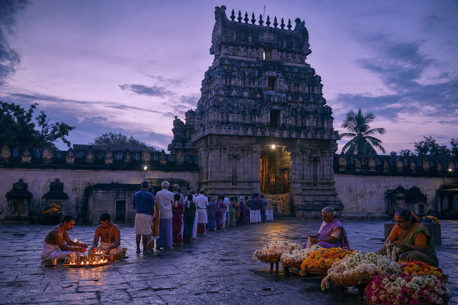 Devotees gather at a South Indian temple gateway before dawn as priests light lamps and flower sellers arrange garlands.