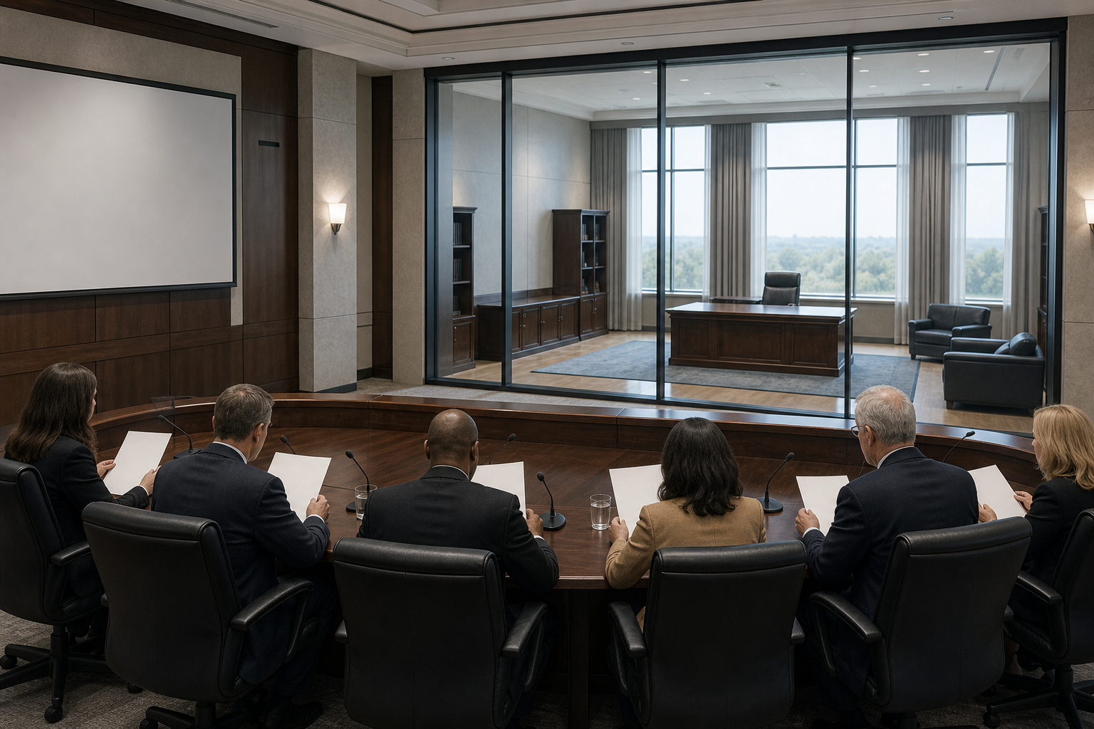 Anonymous officials review blank papers in a commission room separated by glass from an inactive executive office.