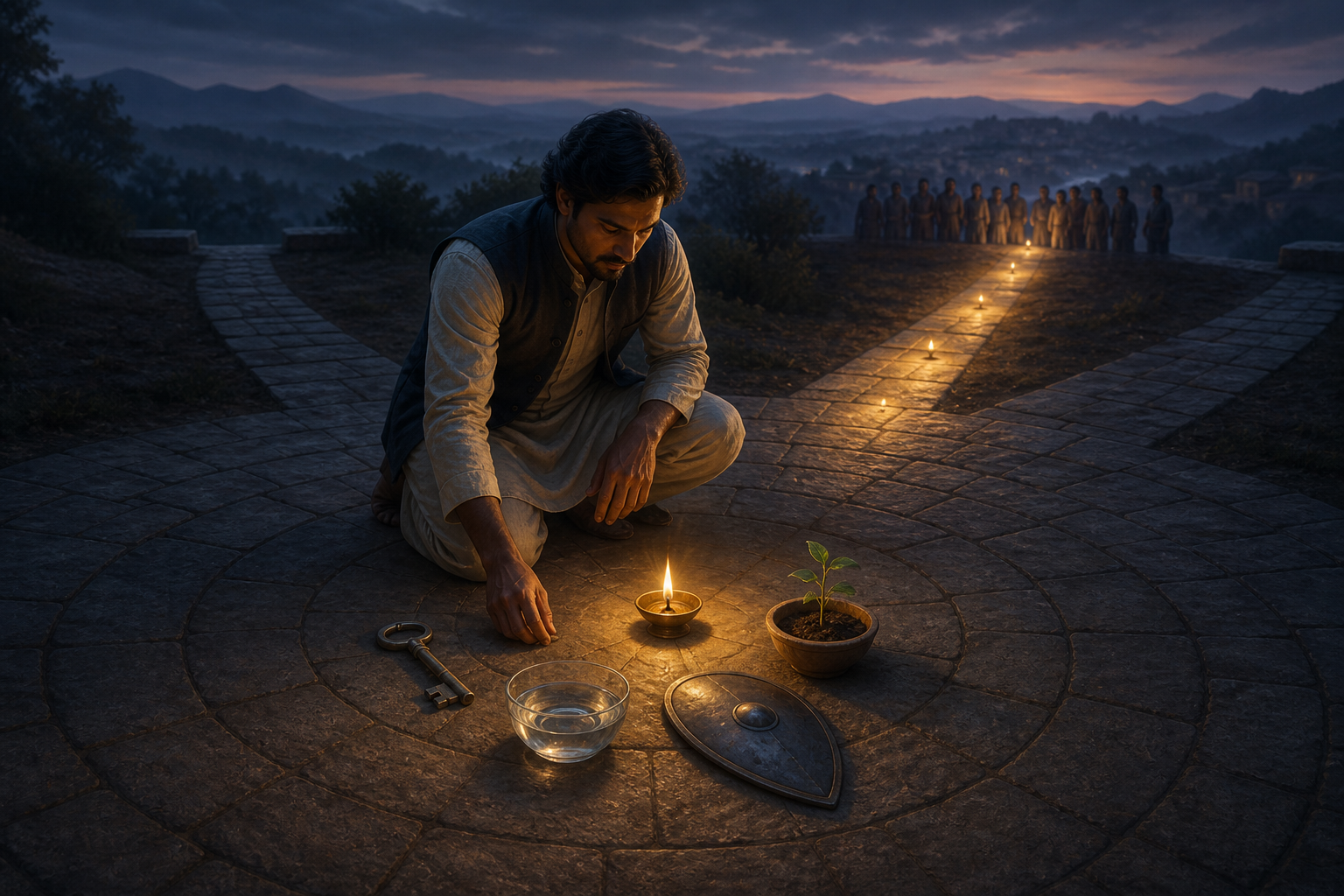 A kneeling leader considers a key, a bowl of water, a shield, and a seedling arranged around a lamp in a stone courtyard.