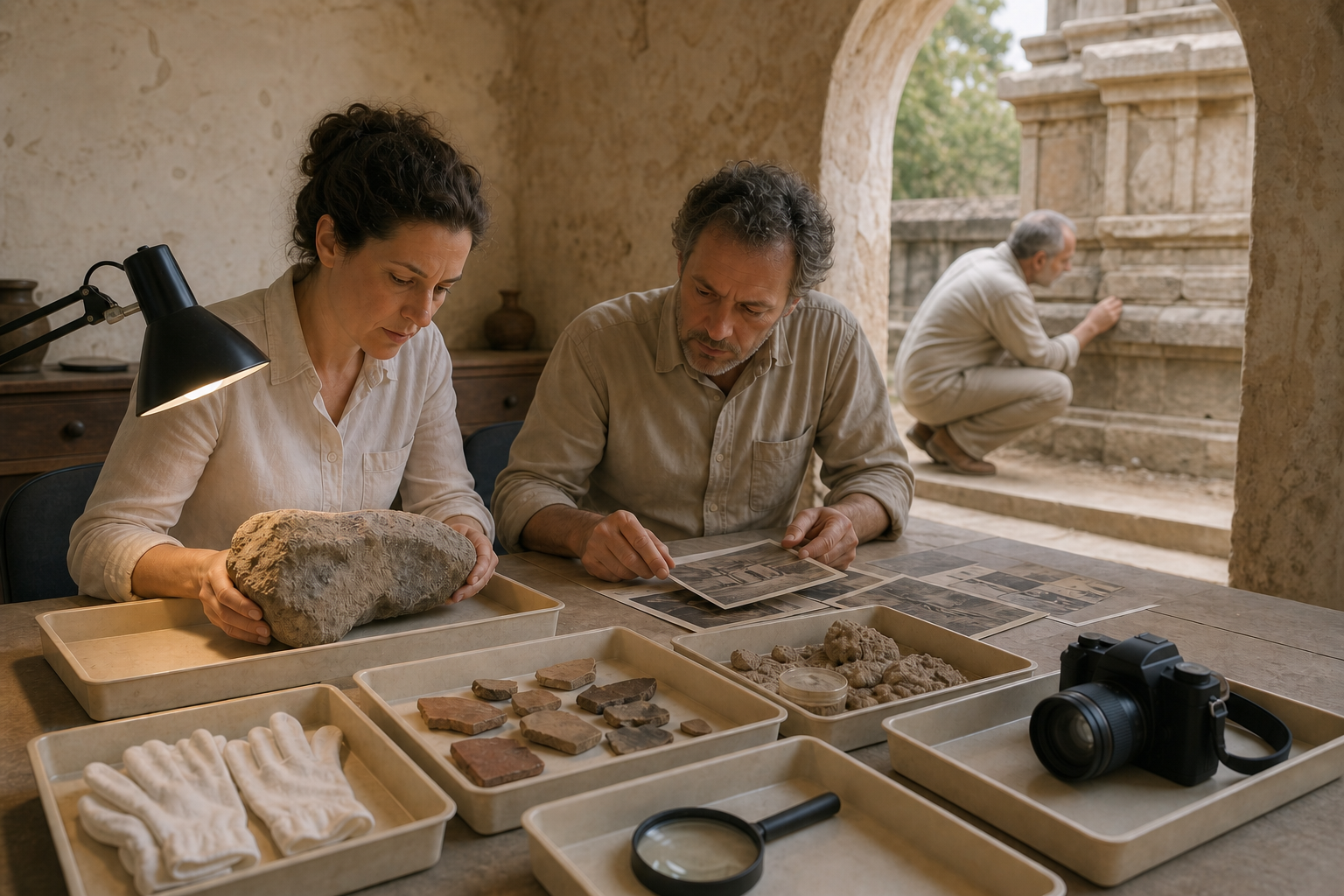 Researchers examine stone, pottery, mortar samples, and photographs at a conservation table beside a temple wall under study.
