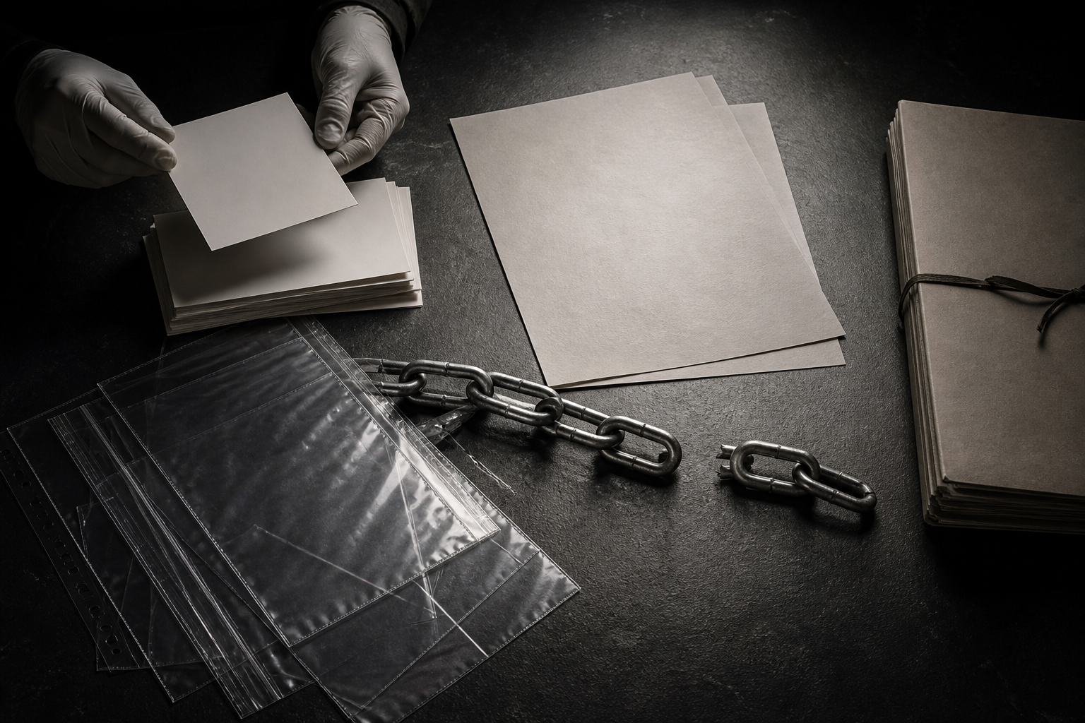 A researcher examines blank evidence materials beside disconnected chain links and a closed case file on a dark table.