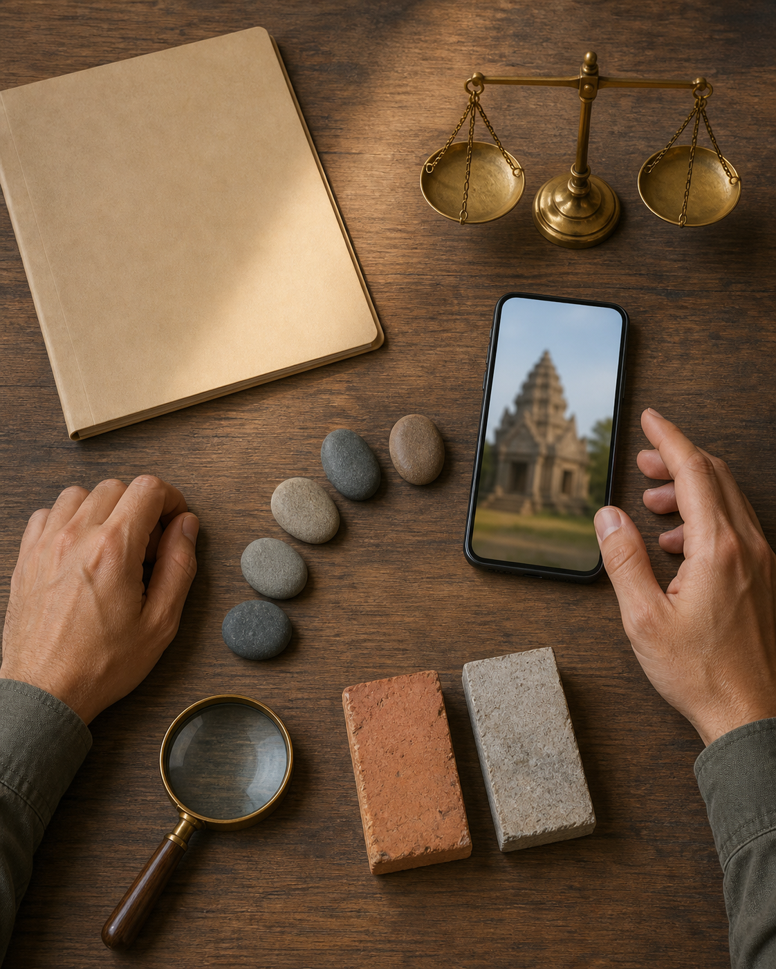 A phone with a blurred temple image lies beside five stones, a magnifying glass, an archival folder, masonry samples, and a small balance scale.
