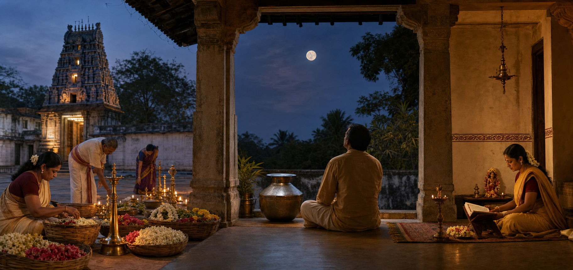 A temple programme, observation of the moon, and a devotee's home practice occupy three distinct spaces connected by lamplight.