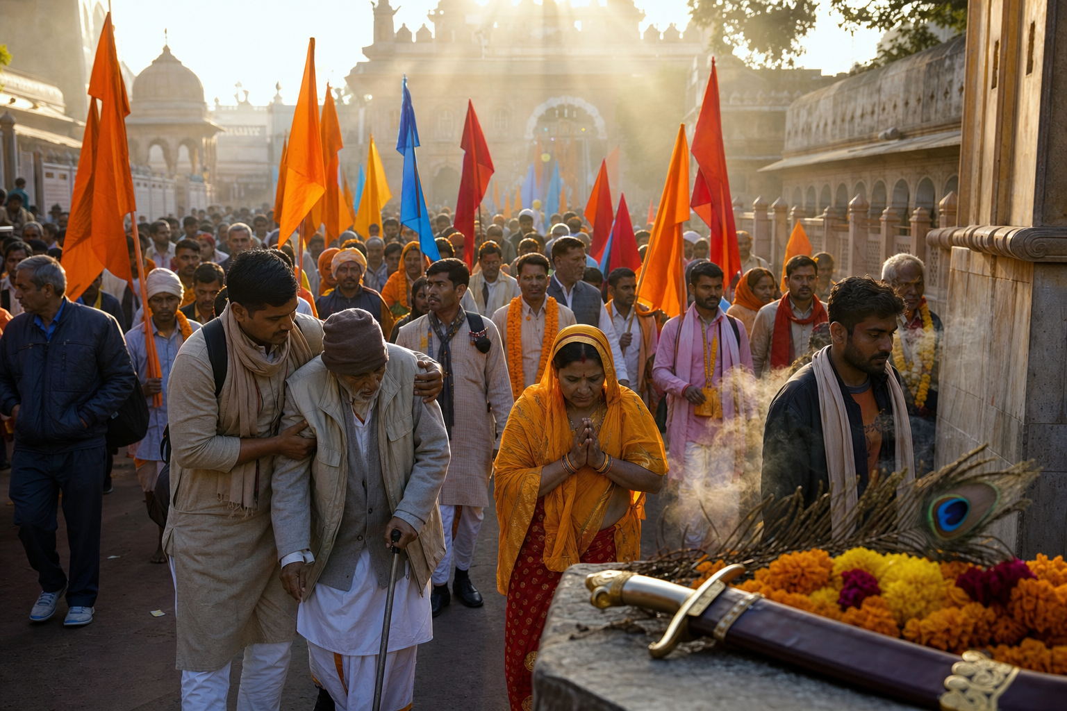 Khatushyam pilgrims carrying flower garlands and plain devotional flags walk toward a temple approach at dawn beside a symbolic sheathed sword and peacock feather.