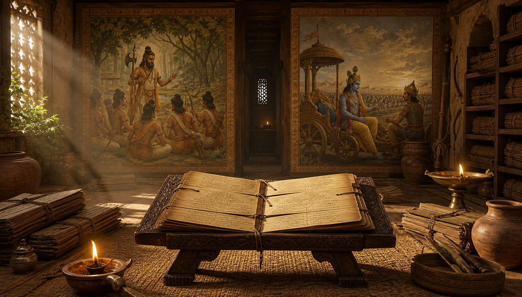 An open palm-leaf manuscript sits before separate painted scenes of Parashurama at a forest hermitage and Krishna beside a chariot.