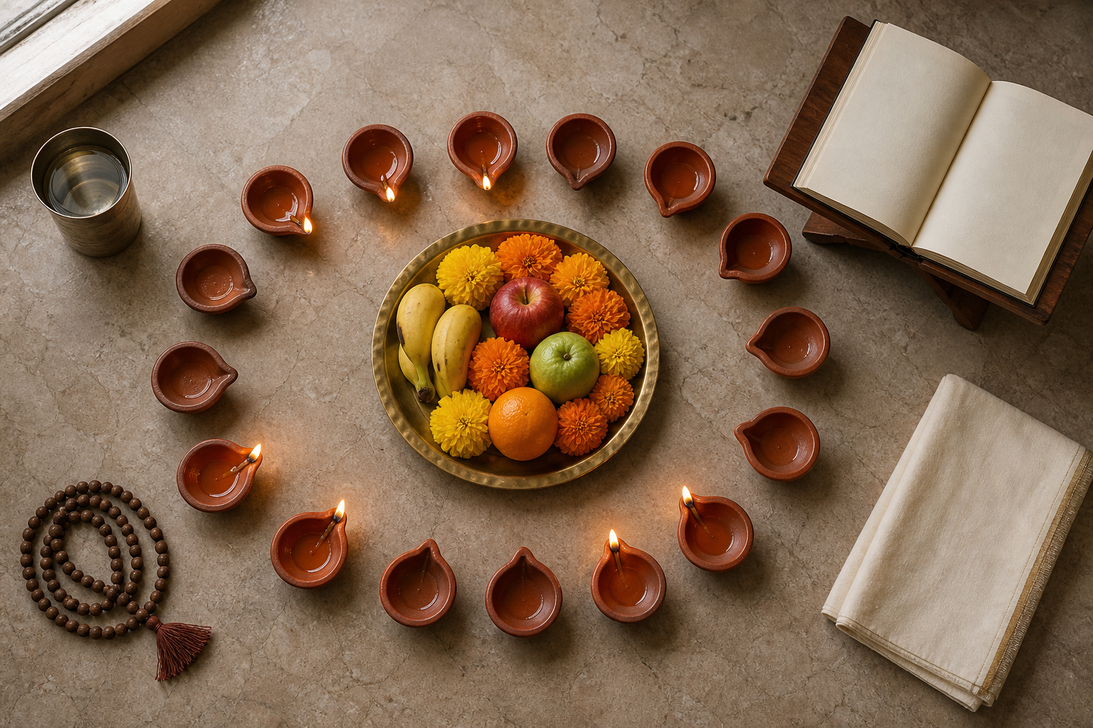 Sixteen clay lamps surround a brass offering plate with flowers and fruit in a simple home devotional setting.