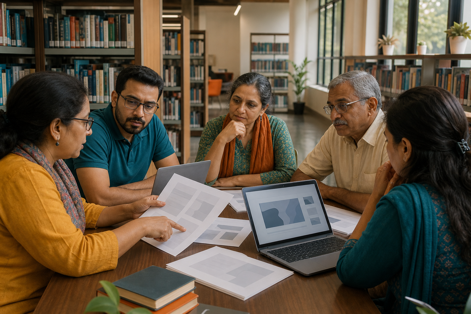 A group of Indian adults checks sources on laptops and compares printed documents during a library workshop.
