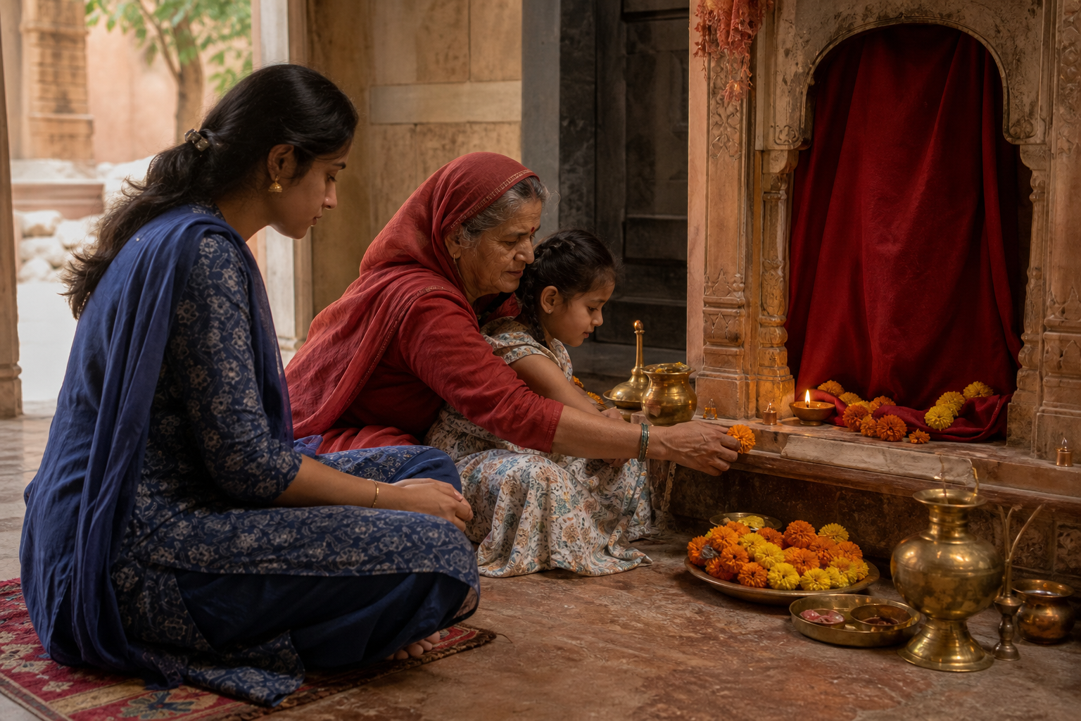 Three generations of a family place flowers and pray beside oil lamps in a quiet Rajasthan Shakti shrine.