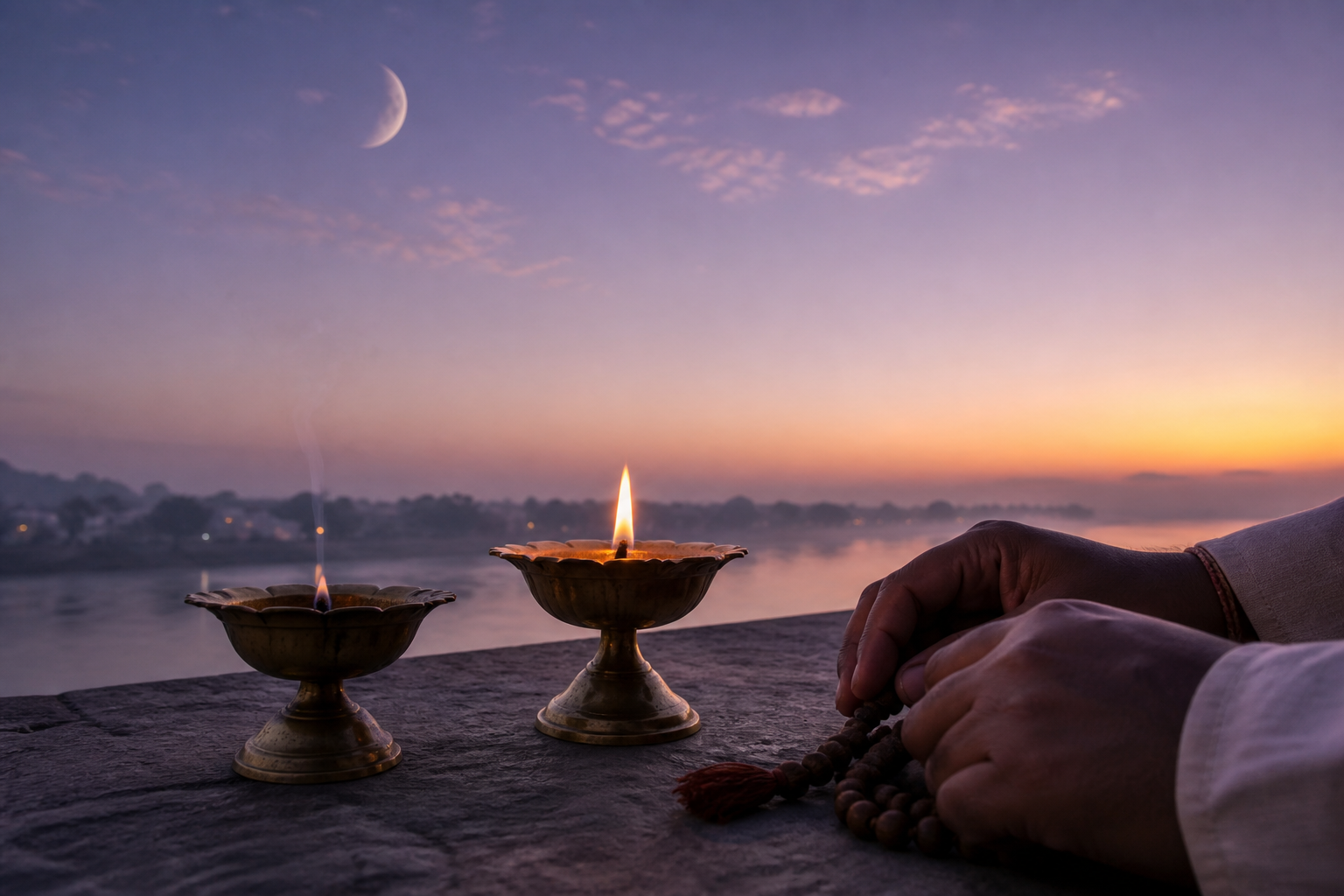 Two brass lamps burn on a veranda as the moon fades and dawn light appears, suggesting a gradual ritual transition.