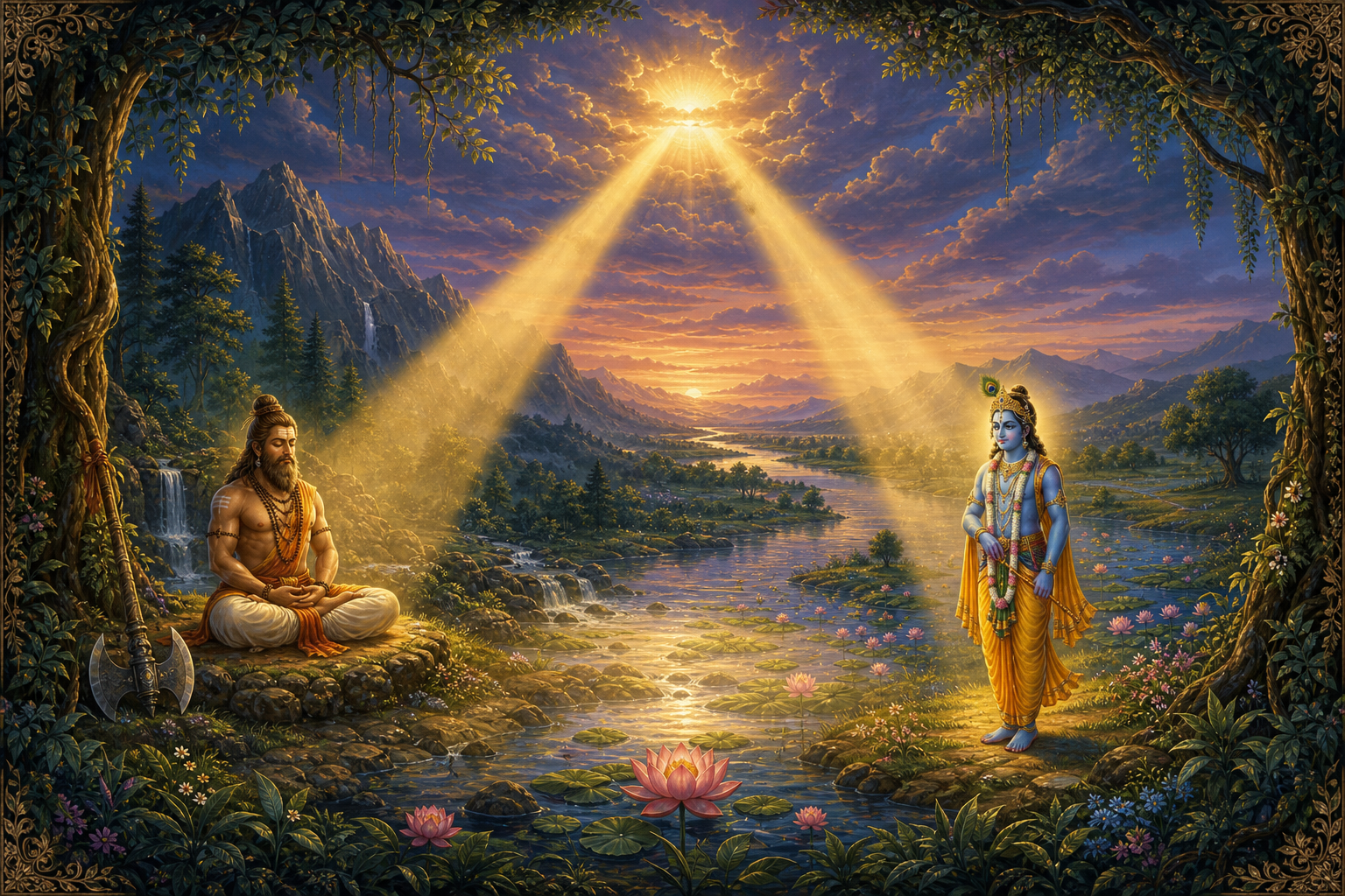 Separate beams from one golden light illuminate Parashurama in a mountain forest and Krishna on a river plain, with the light overlapping between them.
