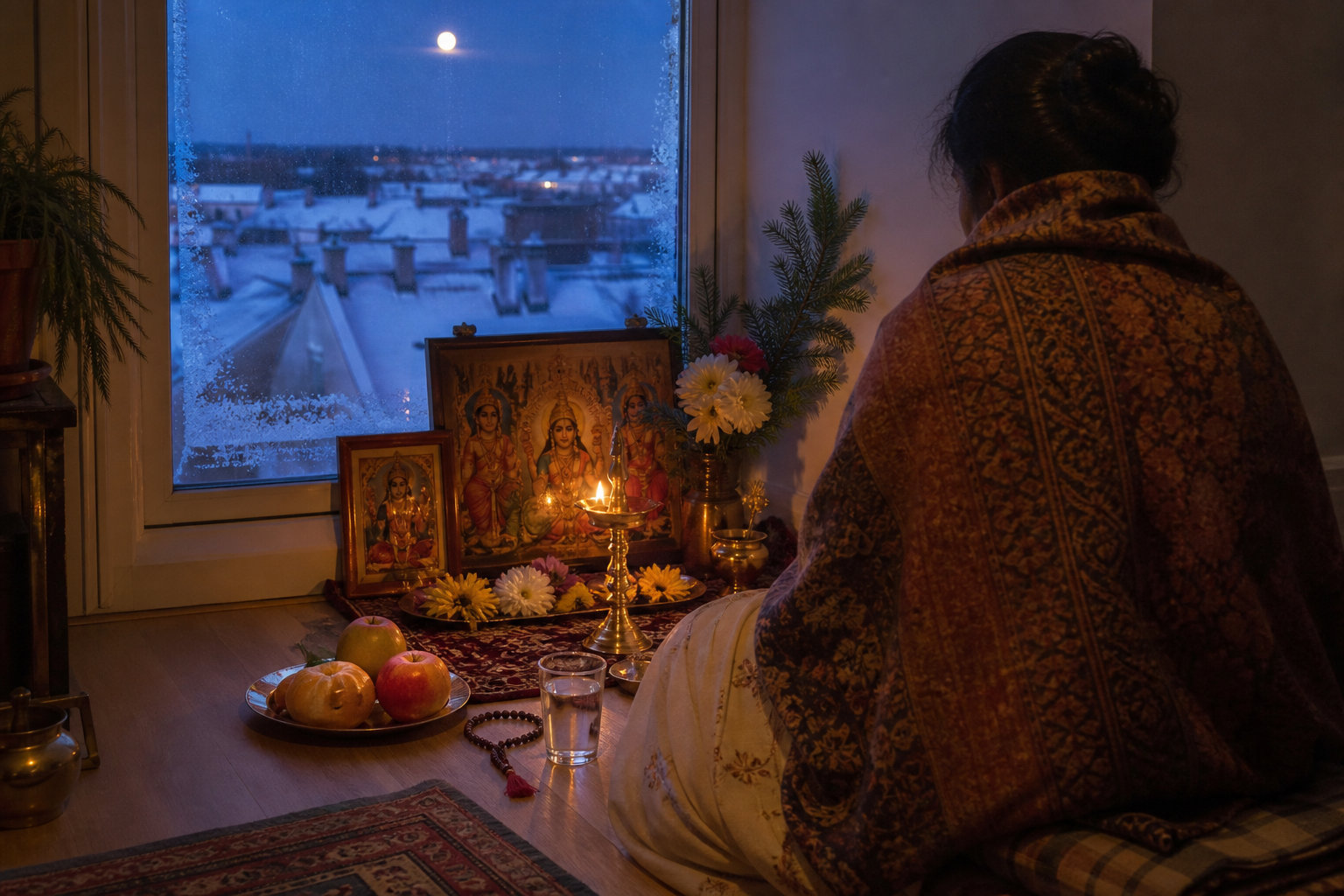 A devotee maintains a compact traditional prayer setting beside an apartment window overlooking a snowy evening landscape.
