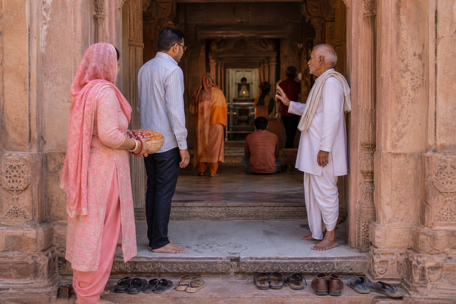 Visitors leave footwear at a sandstone shrine entrance and listen to an elderly caretaker before entering with a covered offering basket.