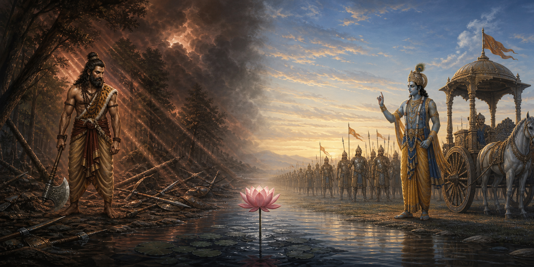 Parashurama stands with a lowered axe in a stormy forest while Krishna offers counsel beside a chariot under a calm dawn sky.