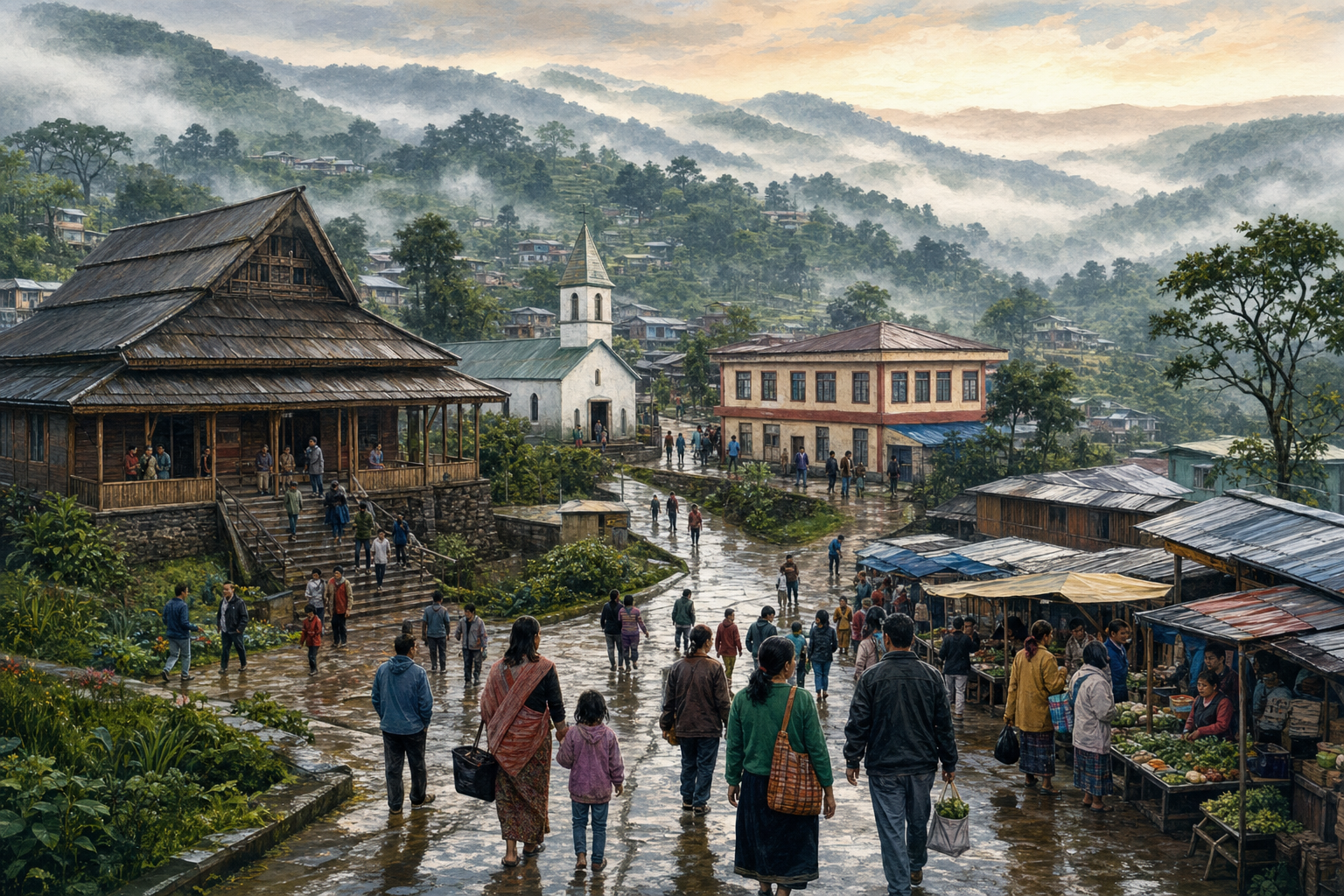 Residents walk through a misty Meghalaya hill town containing a market, community hall, church, civic building and hillside homes.