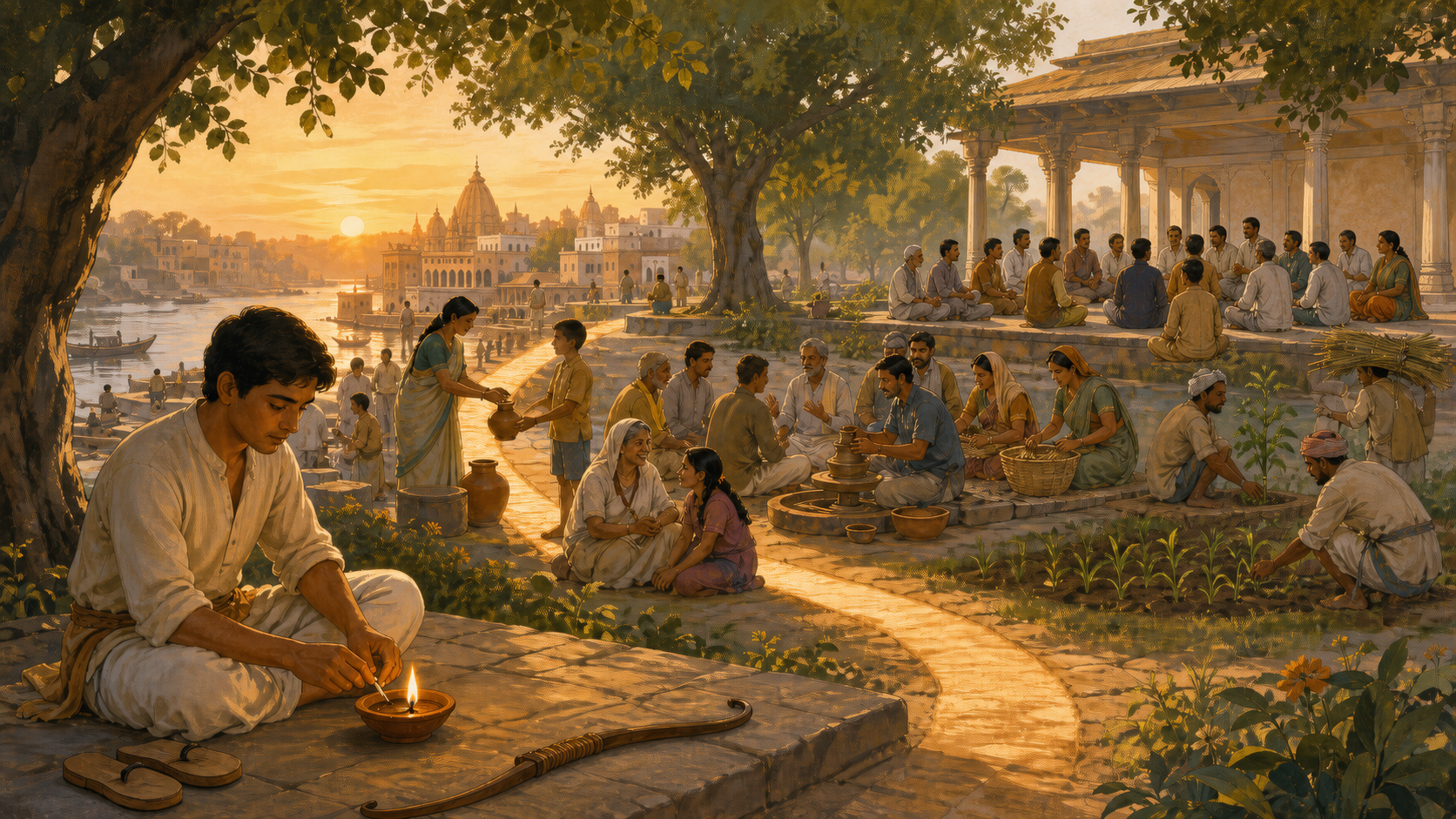 An oil lamp, wooden sandals and an unstrung bow overlook a cooperative public square and an open civic pavilion in a peaceful riverfront city.