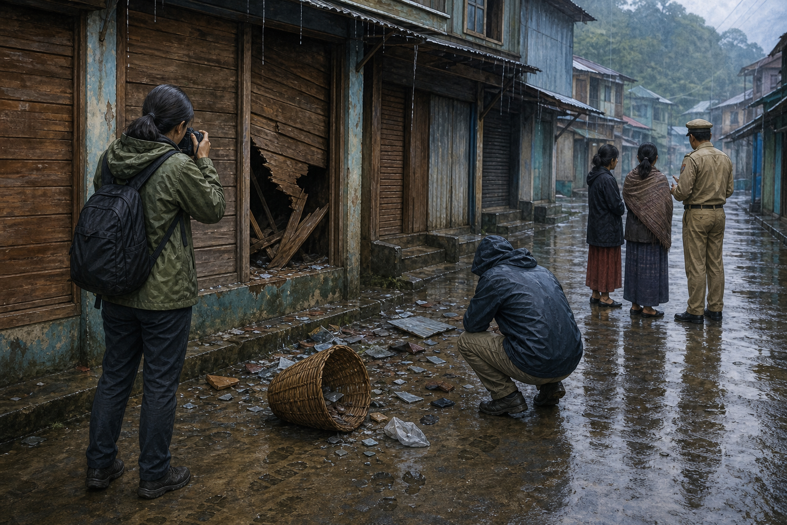 Observers document a damaged shutter and scattered debris in a rain-damp hill market while residents speak with a public official.