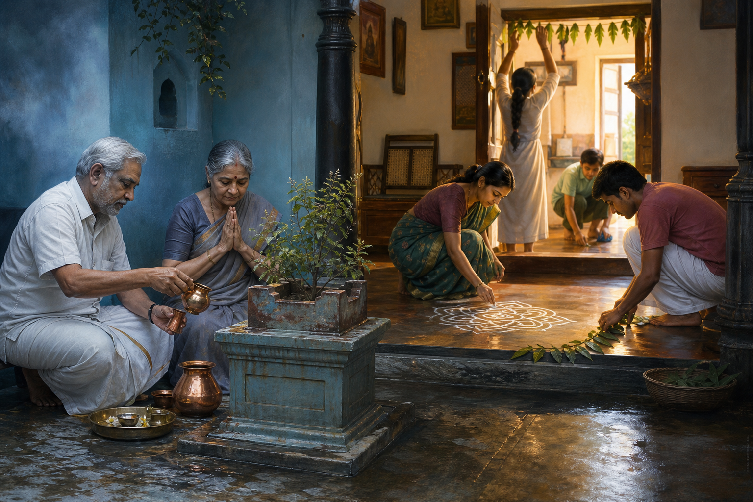Older family members complete a water offering while younger relatives prepare a cleaned and decorated household threshold in the morning light.