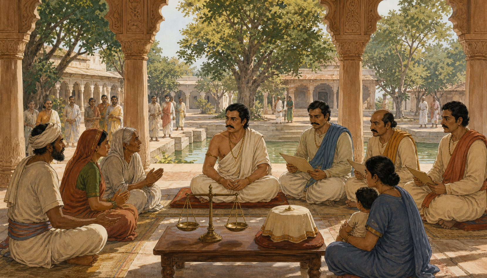 A ruler and advisers sit at the same level as citizens in an open pavilion, with a balanced scale and covered crown nearby.
