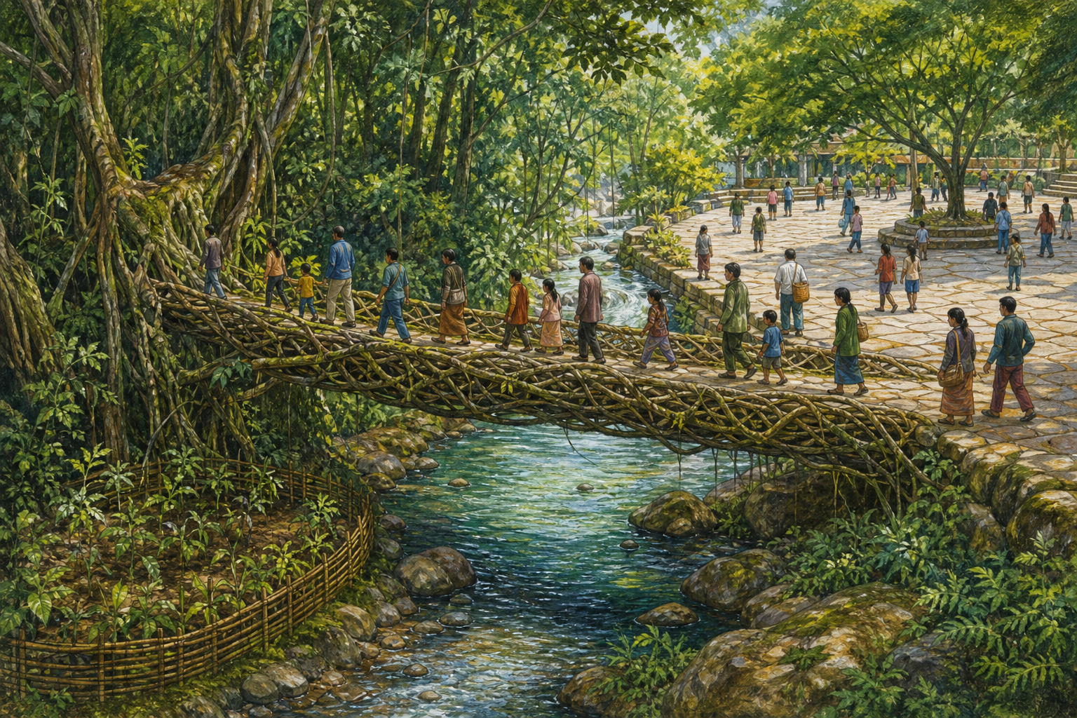 A living-root bridge connects a protected forest grove with an open civic square as residents walk in both directions.