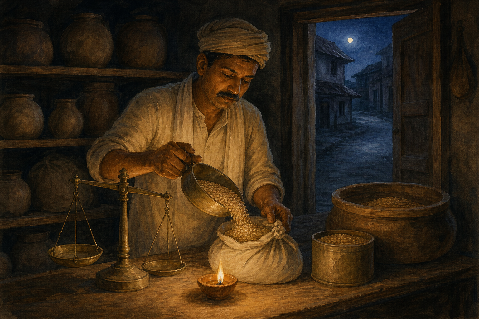 A merchant alone at night adds grain to a customer's bundle after correcting an unfair measure by lamplight.