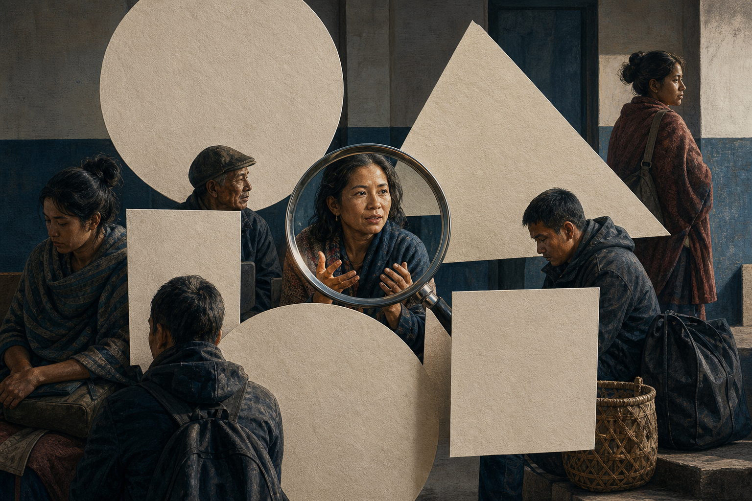 Blank geometric paper shapes obscure a group of seated people while a clear circular lens reveals one individual behind them.