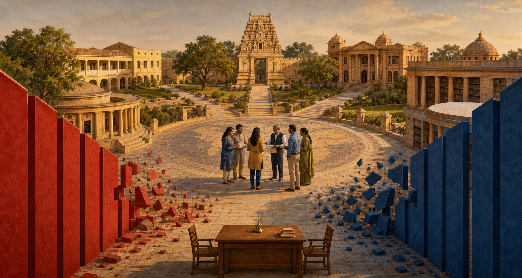 Indian citizens stand in an open circular courtyard where two narrow opposing corridors break apart into paths leading to a temple gateway, school, courthouse, archive, and assembly hall.