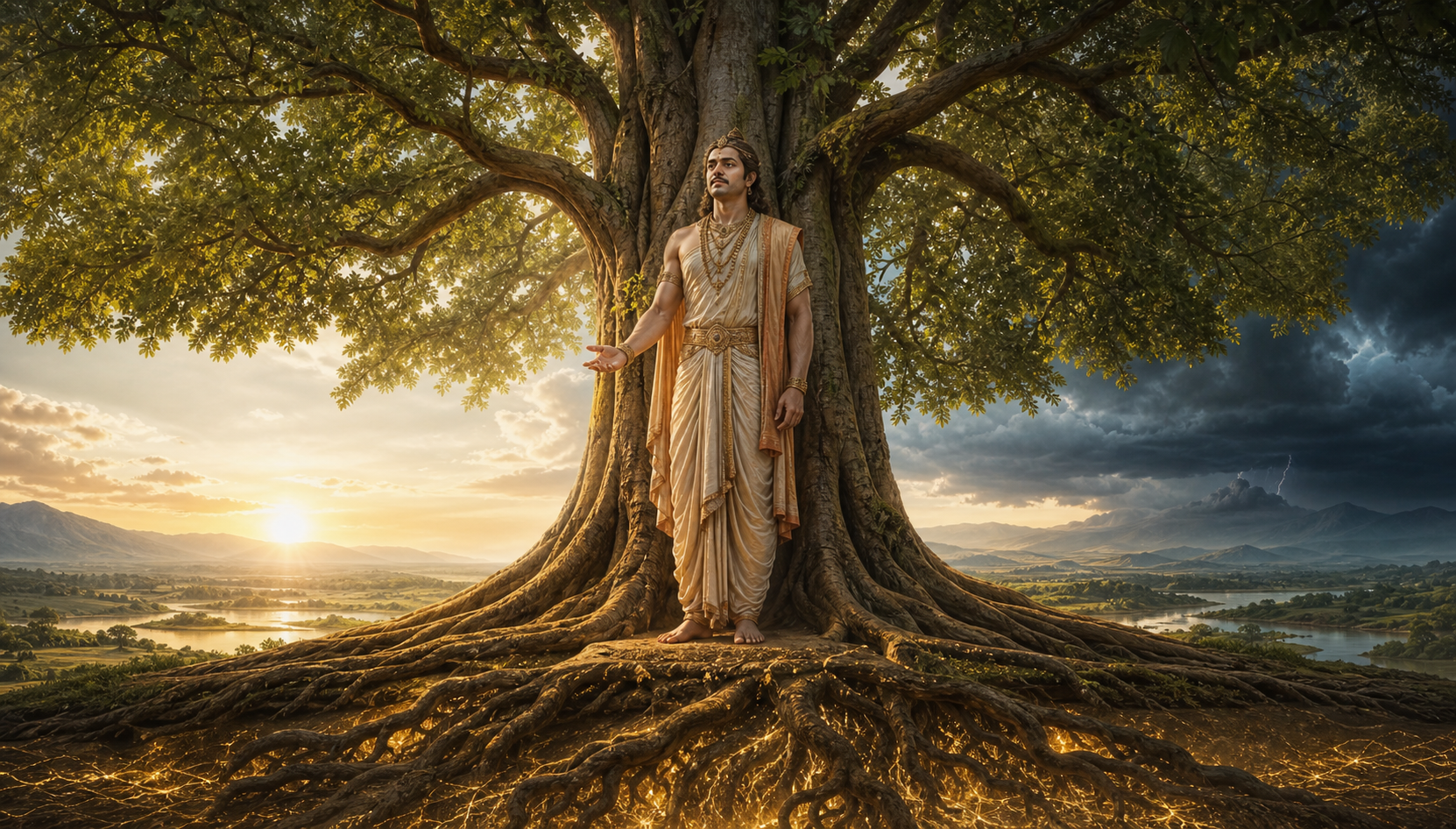 Yudhishthira stands beneath a large tree as his silhouette blends with its glowing roots, upright trunk, and spreading branches.