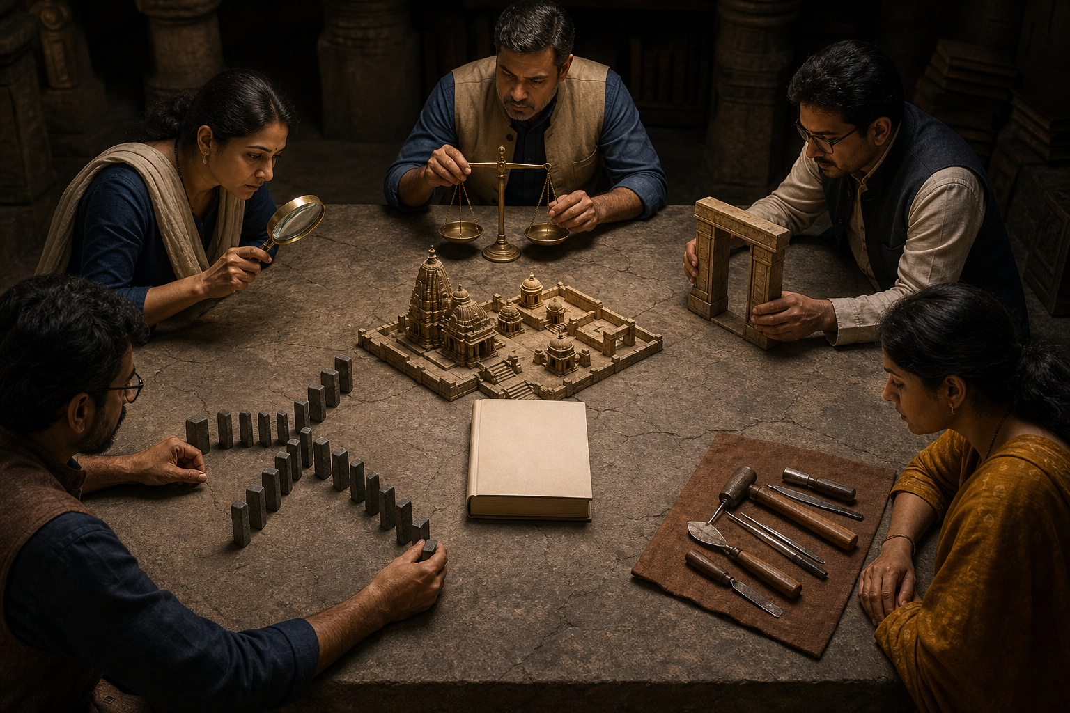 Five researchers examine an unmarked book and a model temple precinct using a lens, measuring tool, miniature doorway, branching stones, and repair tools.