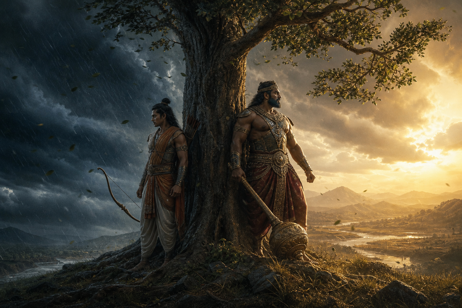 An archer and a mace-bearing warrior protect a firmly rooted tree as wind and dark clouds approach.