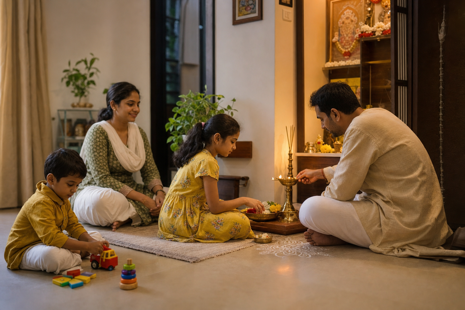 Family members participate in a home vrata in different ways as an adult lights a lamp, a child offers a flower, and another child plays nearby.