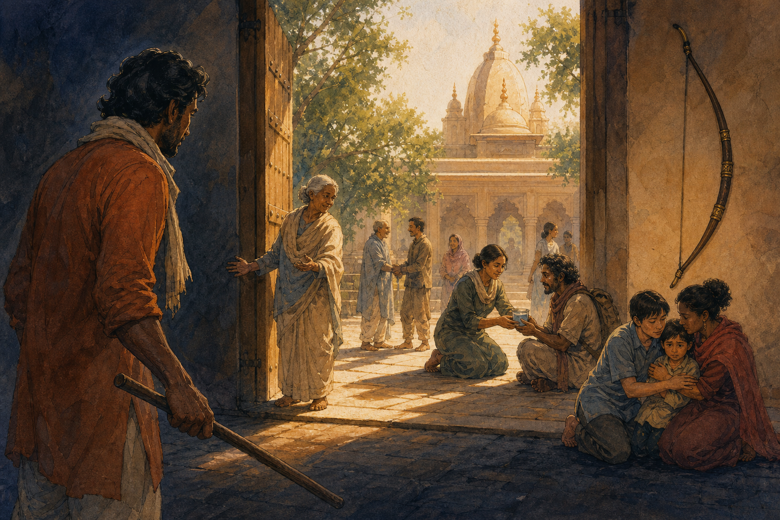 A person lowers a staff at a temple gate while neighbors offer water, protect a child and welcome a traveler into the courtyard.