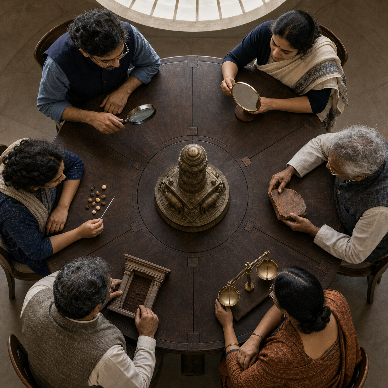 Six scholars sit around a circular table, each examining one bronze object with a different tool, including a lens, mirror, clay shard, scale, doorway model, and seeds.