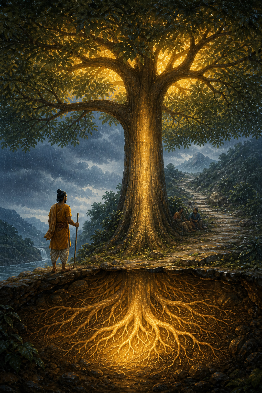 A traveler studies a tree with visible glowing roots, a straight trunk, and strong branches sheltering people from rain.
