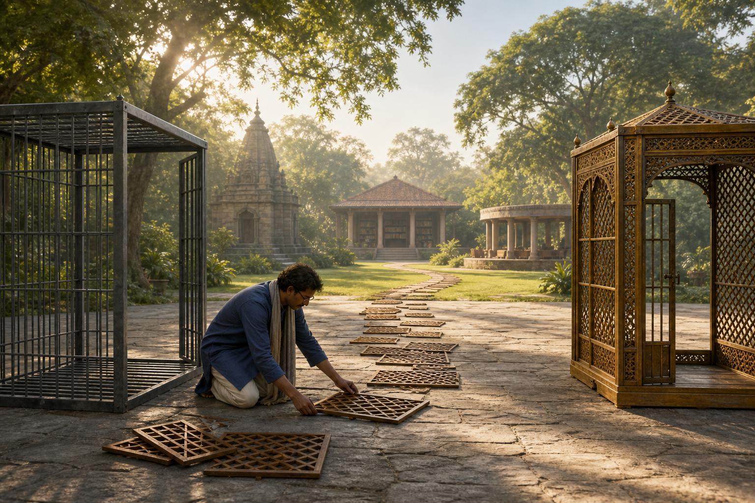 A person stands between an open steel cage and an ornate brass-and-wood cage while using loose lattice pieces to build a path toward a sunlit grove.