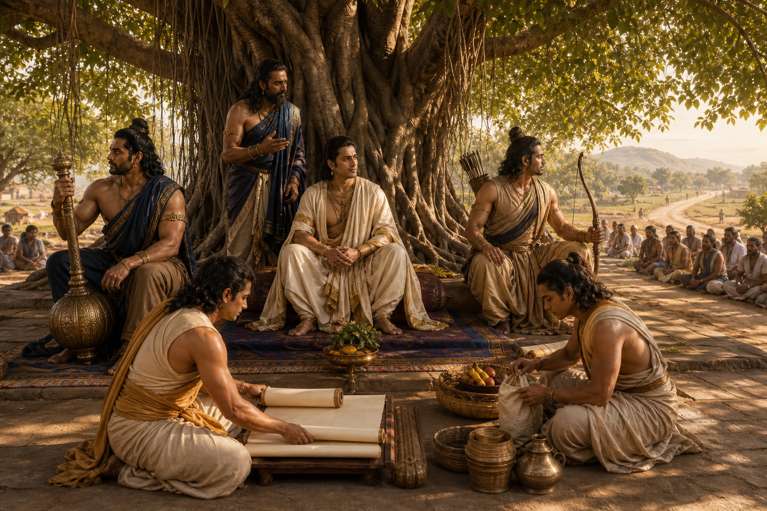 Yudhishthira listens at the center of a council while an archer, a guardian, two stewards, and a counselor perform different duties beneath a tree.