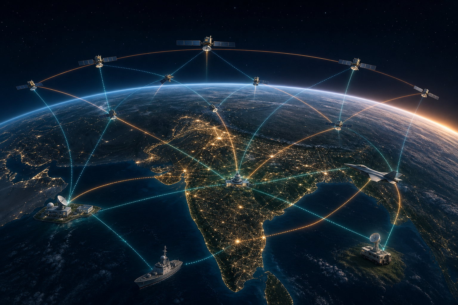 A layered space network above India links generic satellites with ground stations, a command centre, an aircraft, a naval vessel and a mobile field unit.