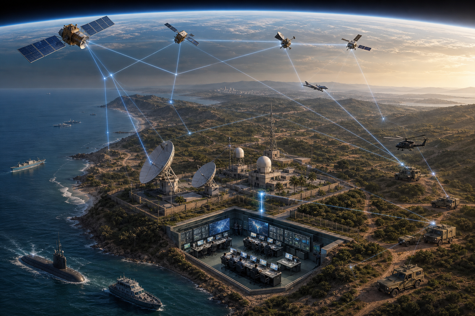 Satellites, a ground antenna complex, a processing centre and land, air and maritime units form an interconnected operational chain.