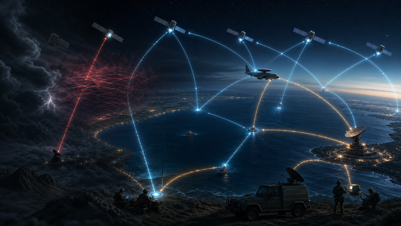 Alternate satellite, airborne and ground links continue operating while one orbital link is jammed and one ground node is unavailable.