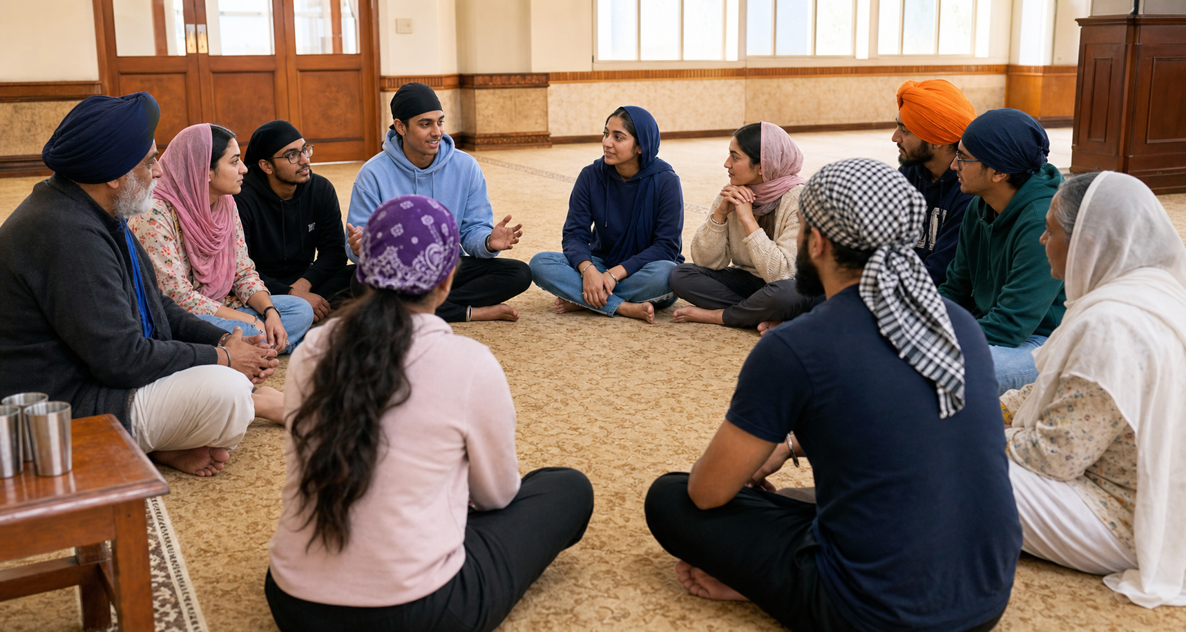 Sikh teenagers, young adults, and older facilitators sit in an equal circle for a community conversation in a bright gurdwara room.
