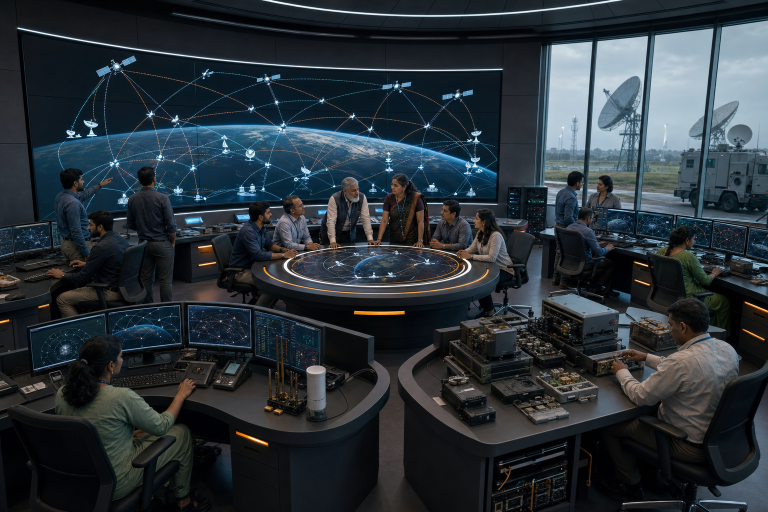 Military and civilian specialists assess orbital paths, distributed ground nodes and communications links inside a secure mission-control centre.