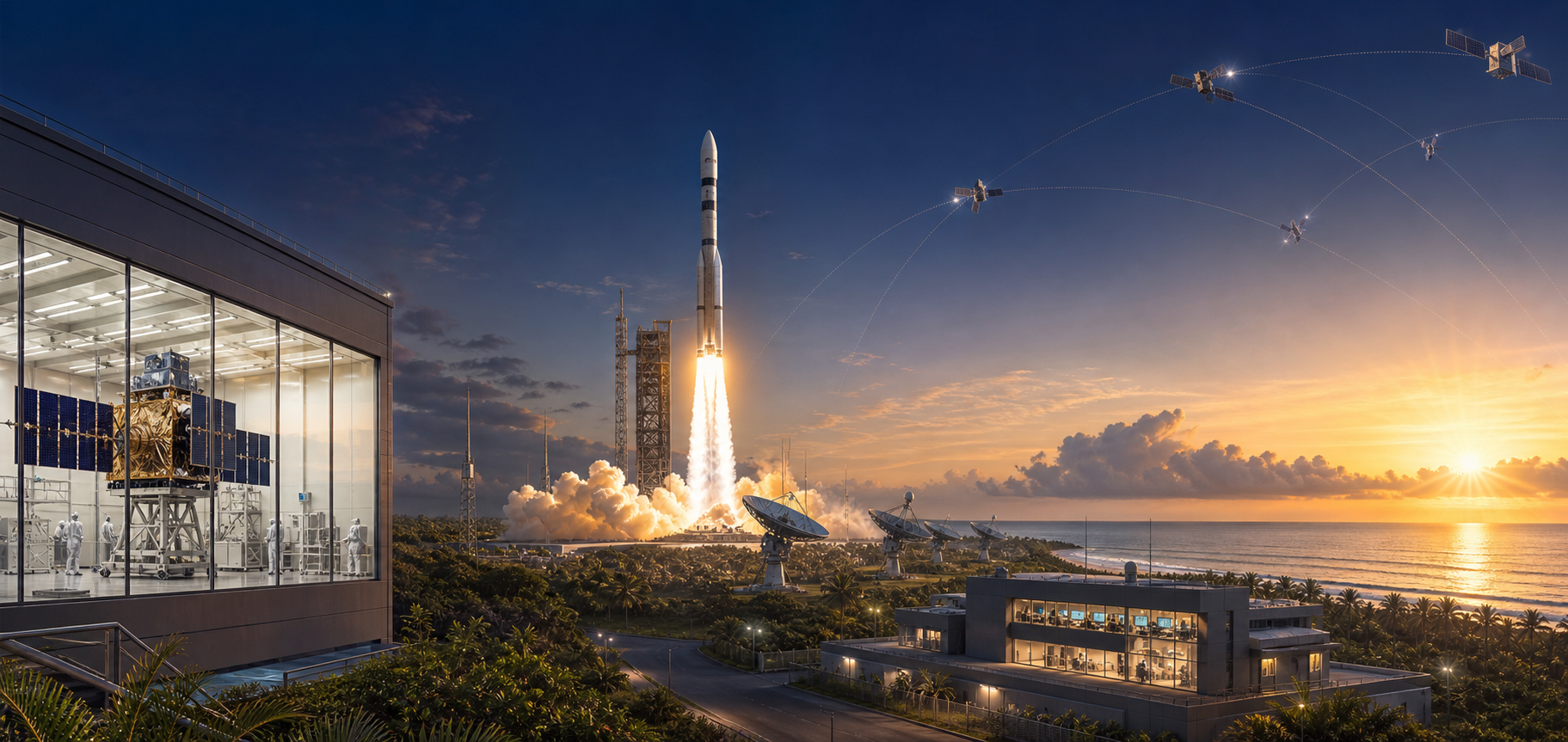 A coastal launch site, satellite assembly facility, tracking antennas and orbiting spacecraft depict an integrated space-access system in India.