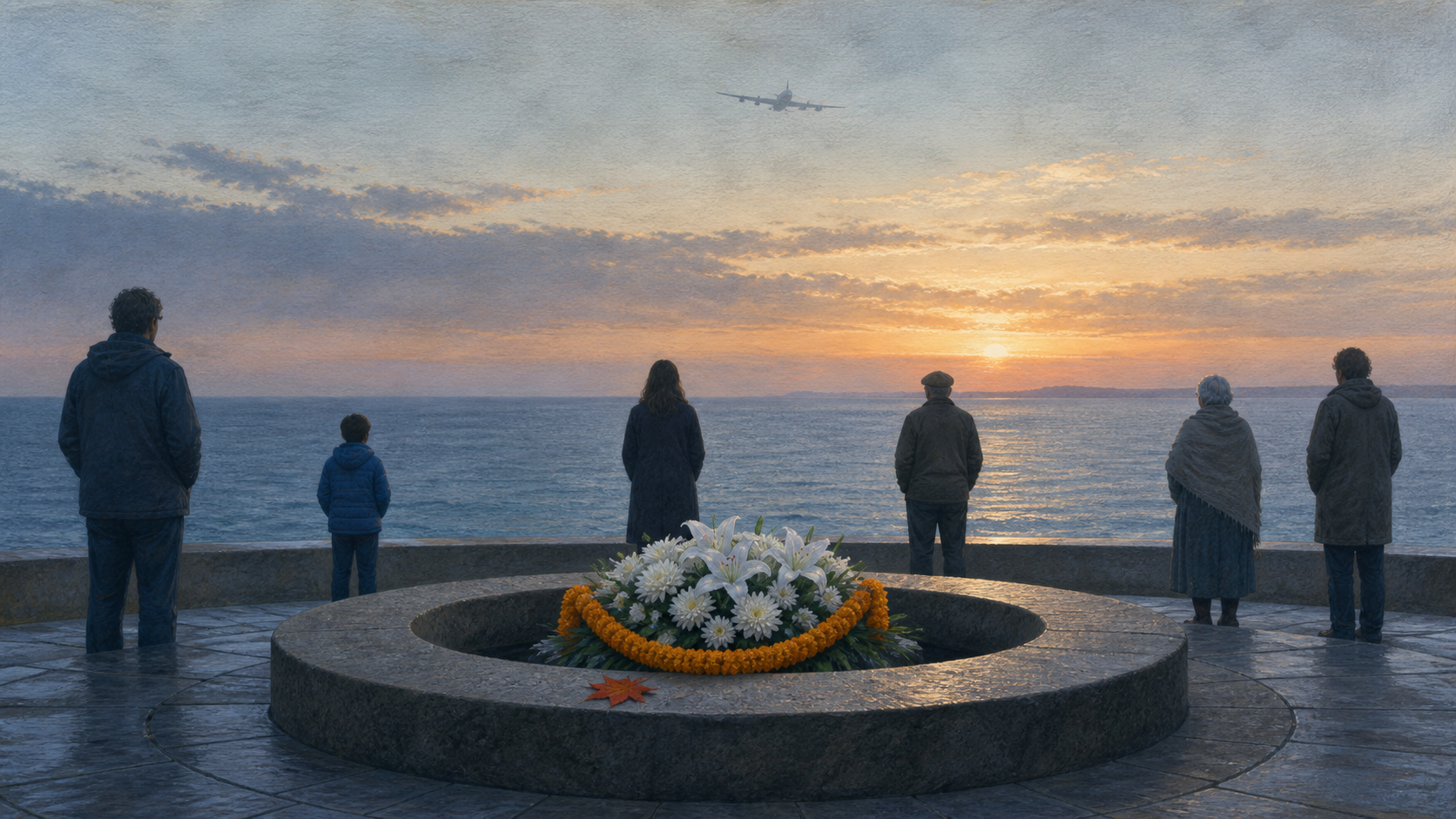 Visitors stand beside an oceanfront stone memorial with white flowers, a marigold garland, and a fallen maple leaf as an aircraft silhouette crosses the dawn sky.