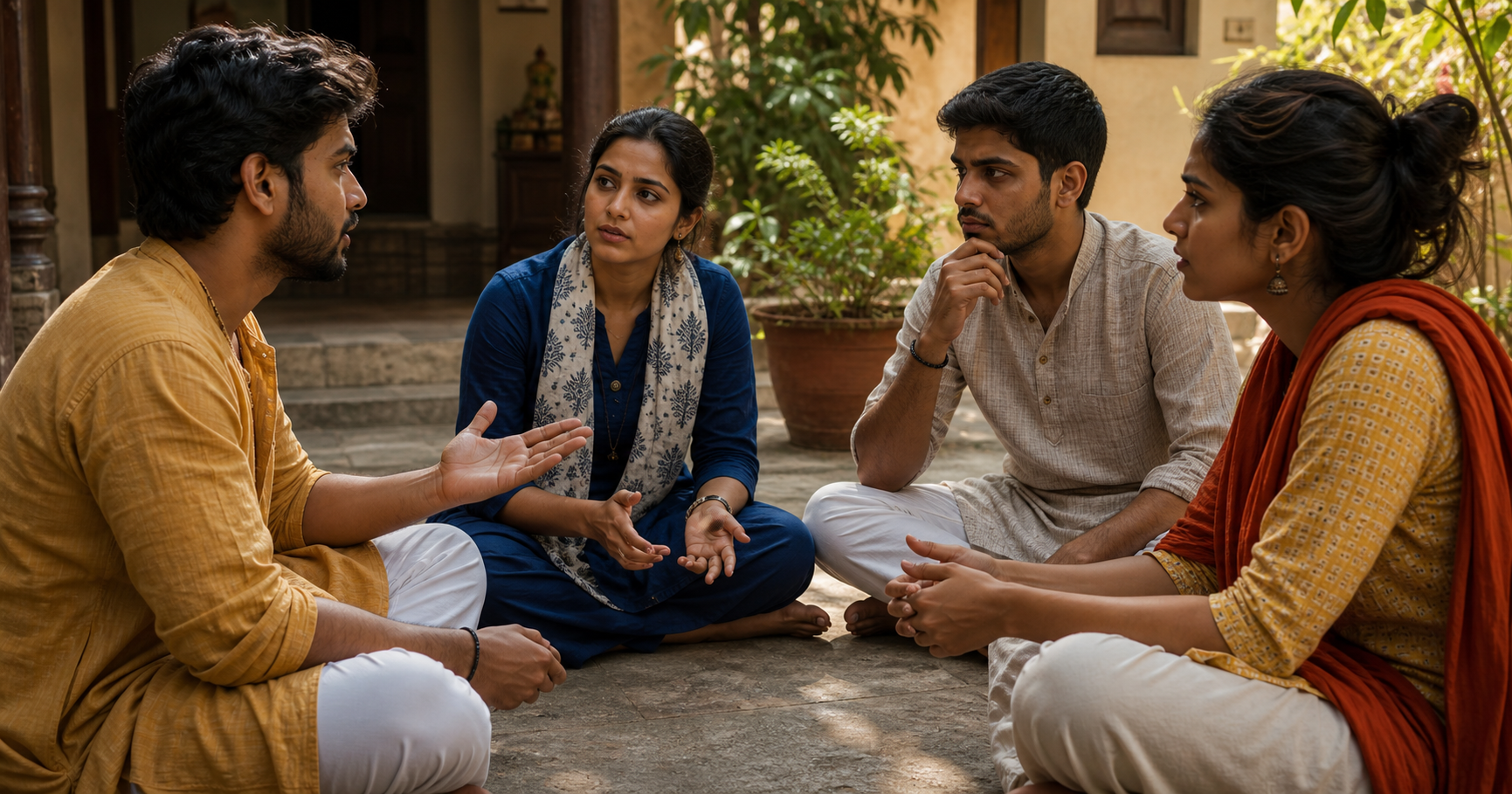 Four Hindu young adults hold a serious but peaceful discussion in a shaded courtyard, listening and responding despite visible disagreement.