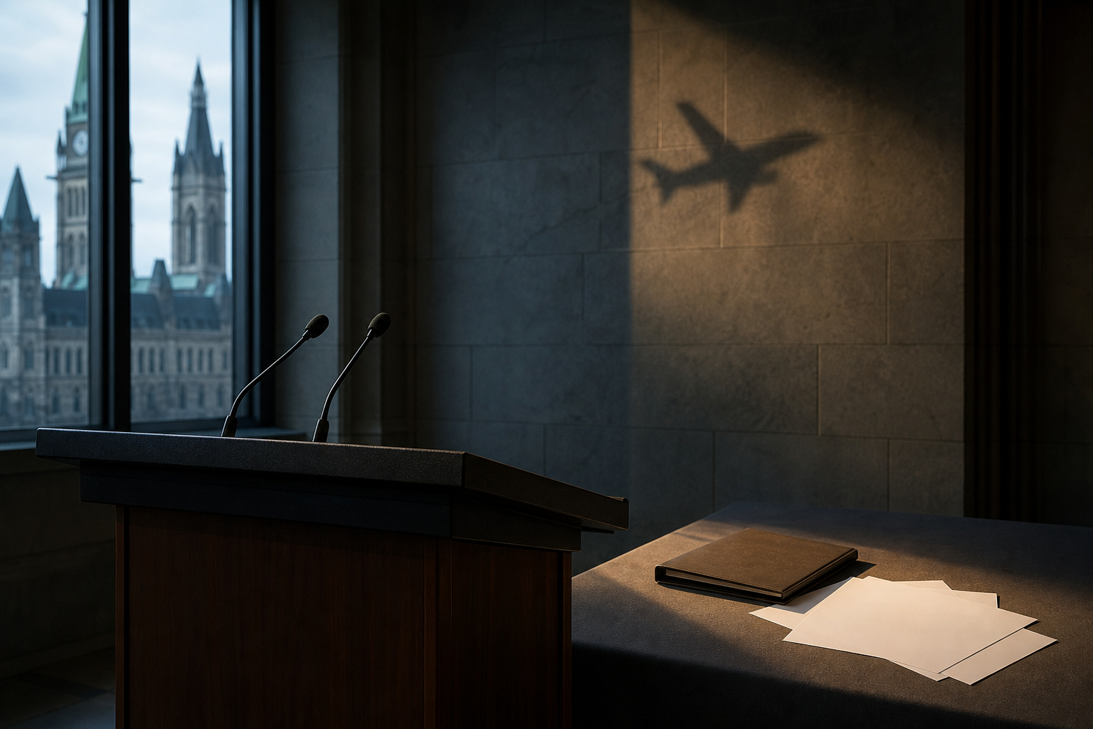 An empty government lectern, microphones, a closed folder, and blank papers are illuminated in a quiet press room with parliamentary architecture visible through the windows.