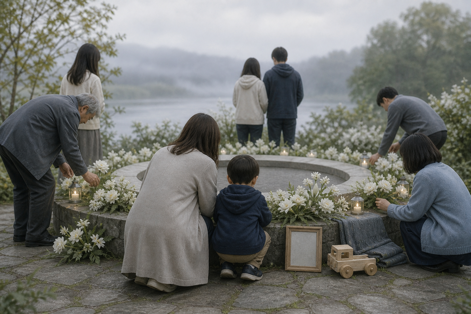 Several generations of mourners place white flowers and small lamps around a circular stone memorial beside the water.
