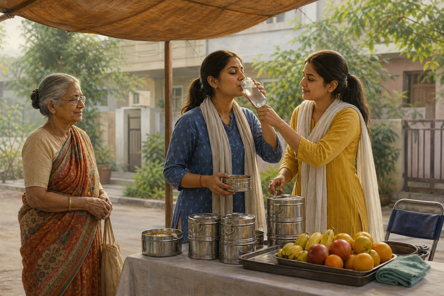 A young Hindu volunteer drinks water offered by a friend while helping distribute meals to an older woman at a shaded community table.