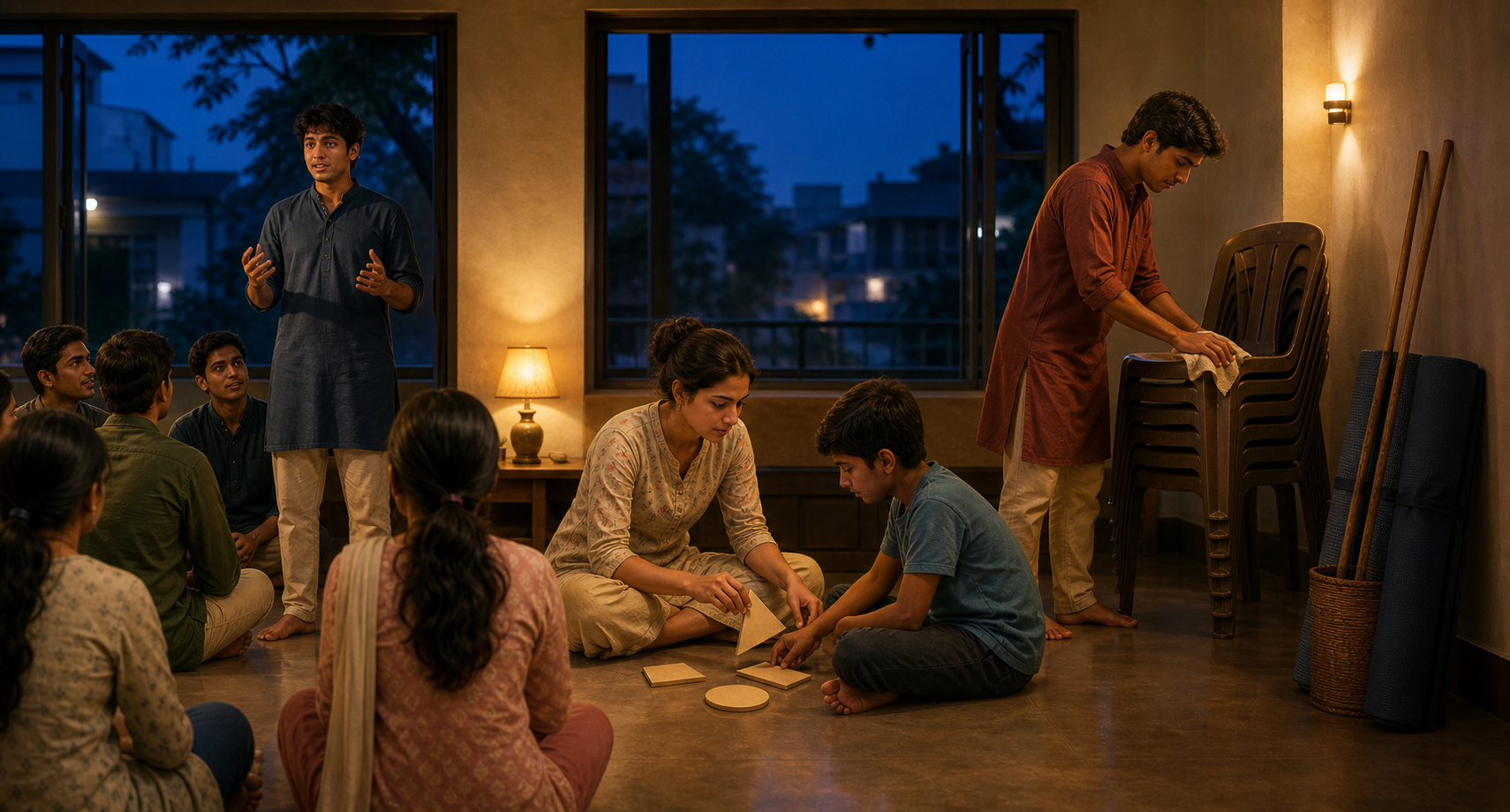 Three Hindu young adults practice everyday responsibility in a community hall by speaking to a group, tutoring a child, and cleaning the shared space.