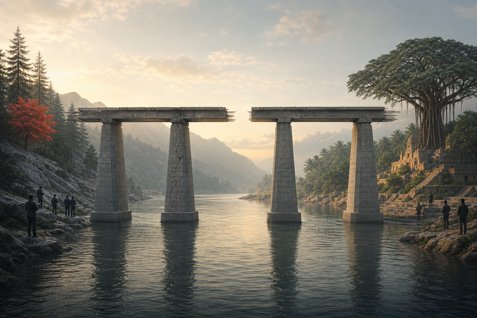 An unfinished bridge supported by four stone piers spans a river between a maple-lined shore and a banyan-lined shore as observers inspect it from both sides.