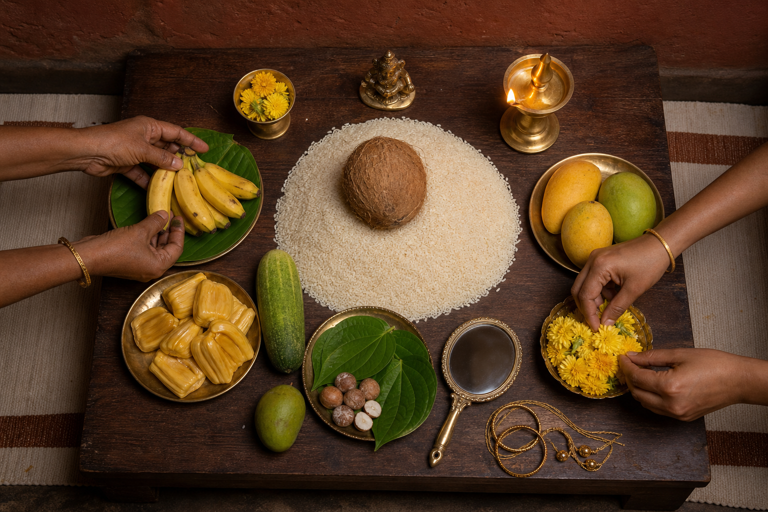 Family members arrange rice, coconut, fruit, vegetables, flowers, a mirror, ornaments, and a brass lamp for Bisu evening preparation.